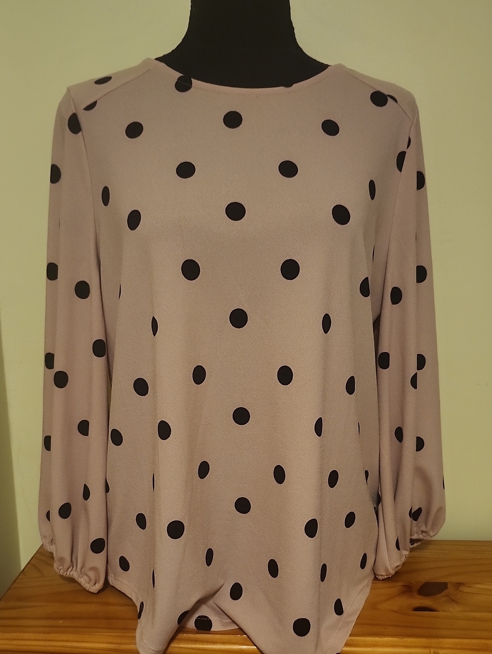 Polka Dot Long-Sleeve Blouse - Light Pink with Black Dots